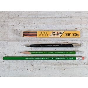 Lot VTG Burlington Northern Railroad Pencils Green Wood Black Scripto Mechanical